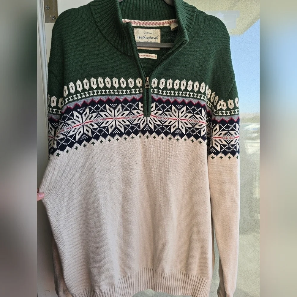 Weatherproof Nordic Green and Cream Zip Up Sweater Vintage